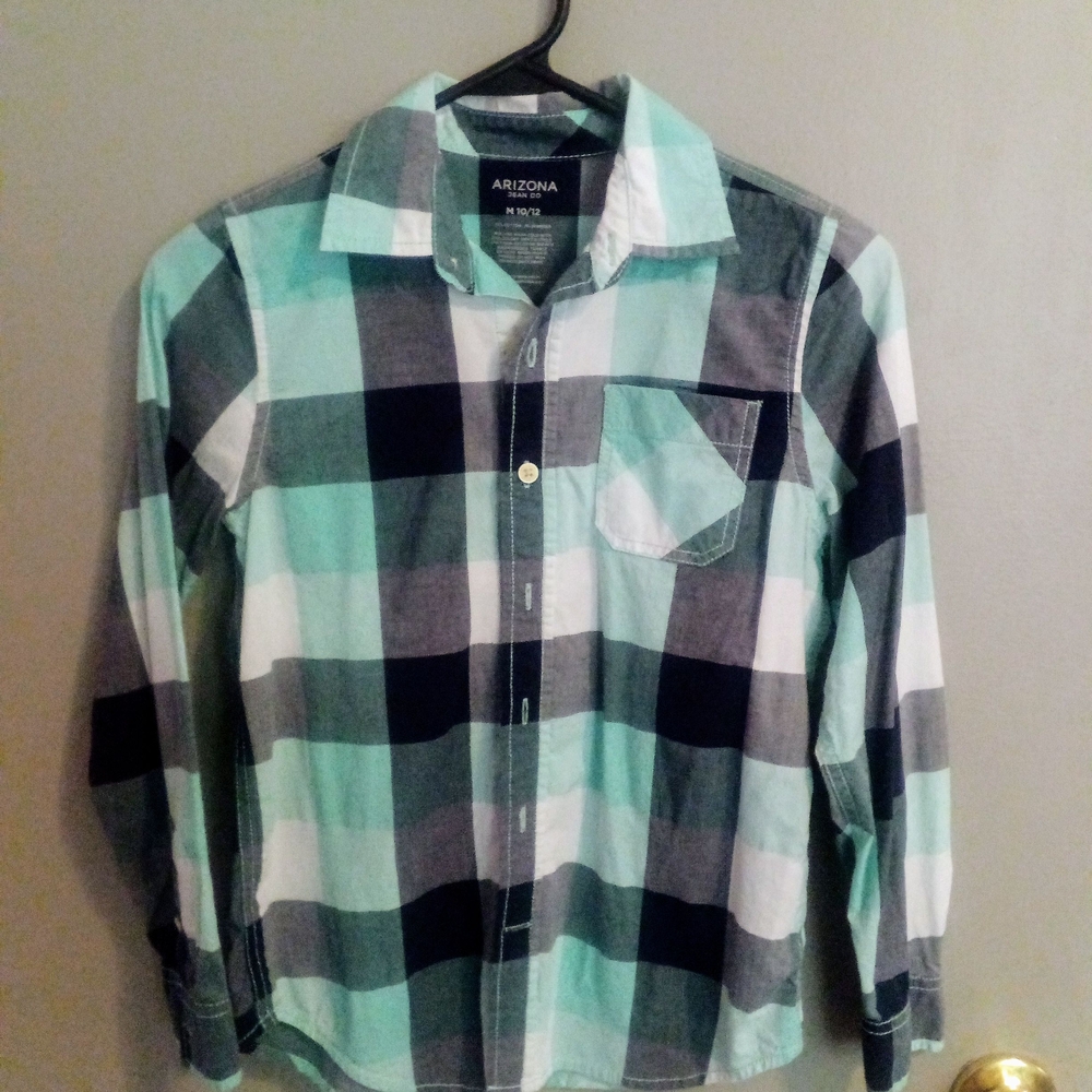 Arizona Jean Company Boys Mint and Black Plaid Shirt